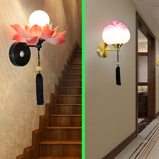 全铜智能雷达人体声光控感应壁灯佛堂莲花灯酒店茶室过道楼梯间灯