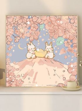 唯美花卉玉兔diy数字油画简单手工手绘丙烯填色画卡通油彩装饰画