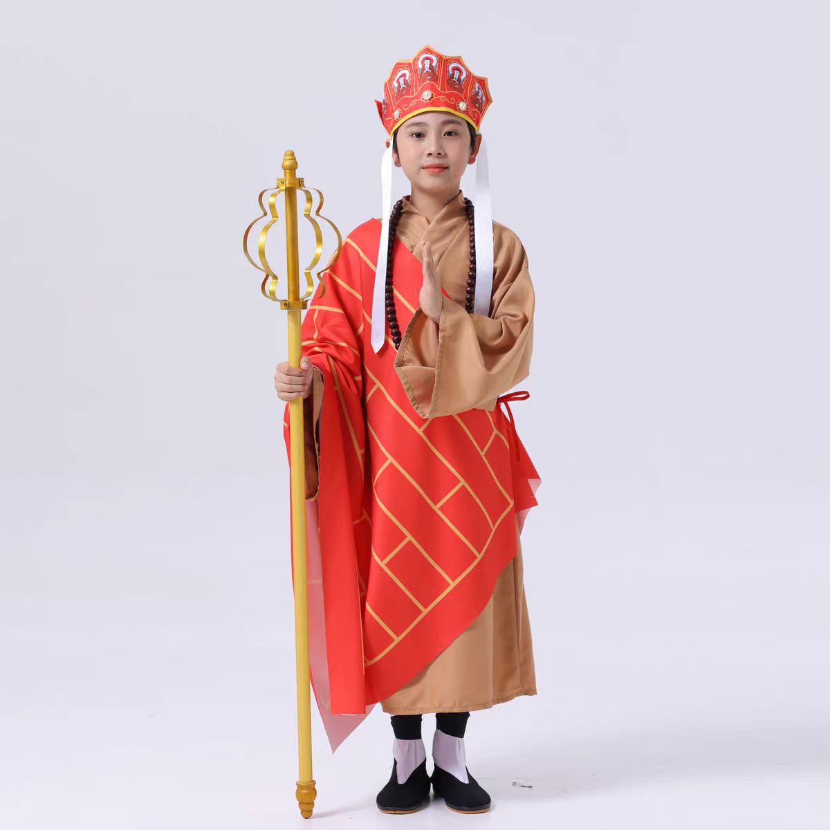新款节日儿童西游记唐僧四人表演出服袈裟禅杖面具佛珠帽和尚全套