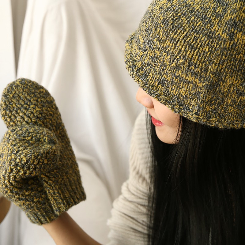 APCSHOP 秋冬新款女士手工编织加厚保暖粗支纯羊绒手套帽子两件套