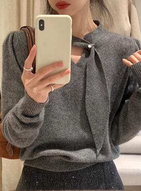 灰色飘带v领毛衣女秋冬季小个子打底衫软糯针织衫内搭泡泡袖上衣