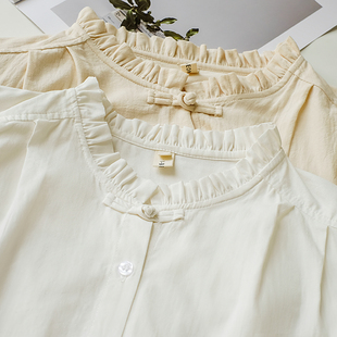 纯色复古汉服盘扣文艺花边立领白色衬衫女春季2025新气质纯棉衬衣