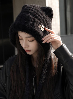 冬季猫耳毛边长绳帽子女可爱百搭保暖毛线帽加厚加绒显脸小包头帽