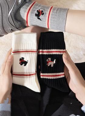 AB面不对称白色袜子女ins潮中筒袜可爱小狗提花学院风网红长筒袜