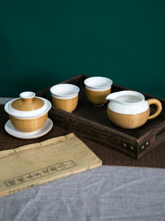 非遗传统竹编手工艺竹丝扣瓷白瓷盖碗公道杯功夫茶具礼盒套装礼品