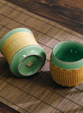 竹丝扣瓷青瓷开片茶杯非遗工艺