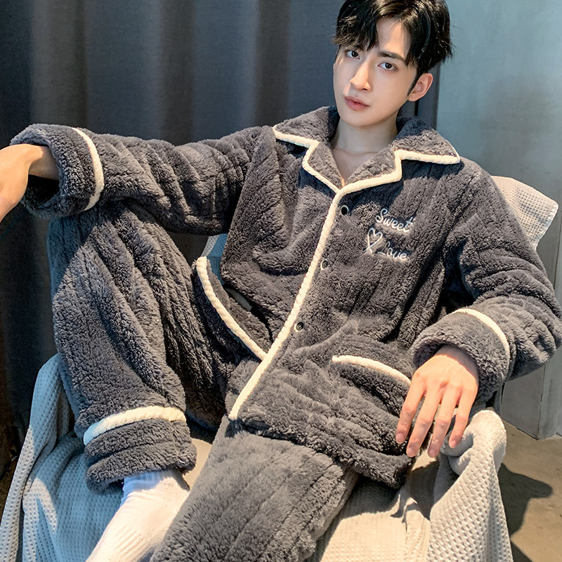 新款加厚加绒保温法兰绒家居服秋冬暖绒保暖休闲大码睡衣套装男
