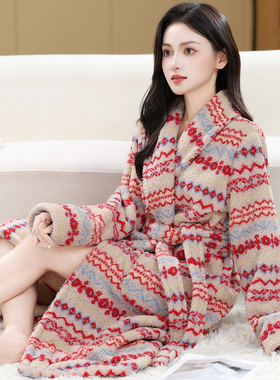 法兰绒睡袍女冬季新款加厚加绒长款系带浴袍轻奢睡衣家居服套装