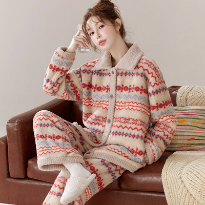 睡衣套装加厚加绒可外穿法兰绒家居服秋冬暖绒保暖可爱睡衣女士