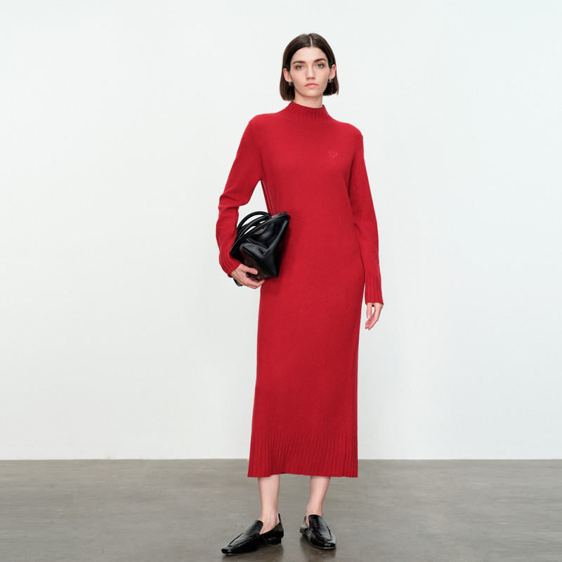 婉甸富贵红毛织连衣裙2024冬季新品直筒绣花毛织连衣裙1234N06XJ6