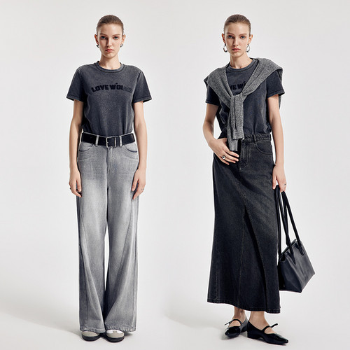 婉甸2026春季新品炭灰色洗褪染短袖T恤1251T02SX4