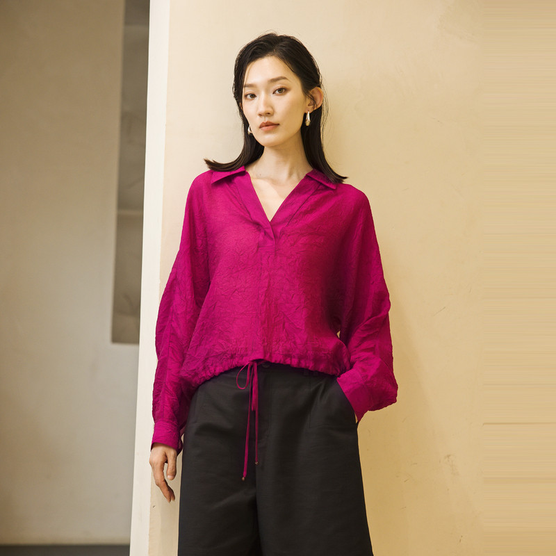 婉甸2025夏季新品蔓越莓色人丝压皱上衣套头衬衫1242S09SX2