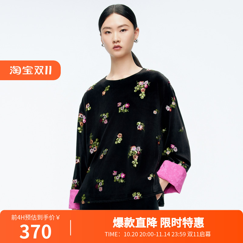 婉甸2025年冬季新品黑色丝绒珠片绣套头上衣1244Y02DM1