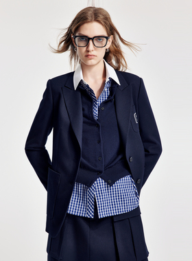 婉甸2026春季新品蓝白格纹拼接领衬衫H型长袖1251S12SX2