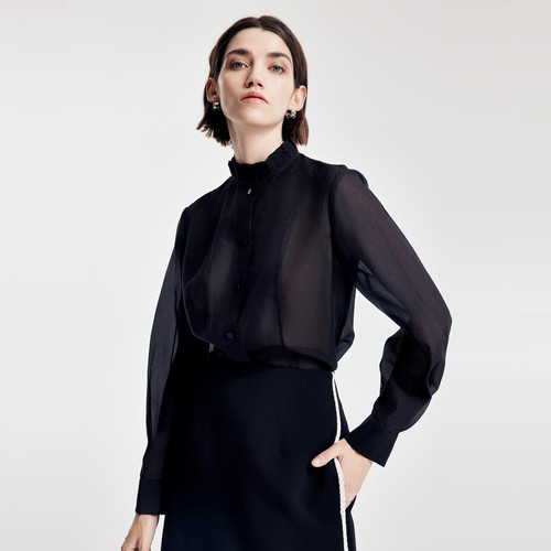 婉甸2026春季新品黑色木耳边领衬衫H型长袖1251S01YJ1
