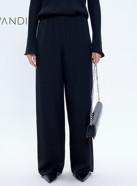 婉甸黑色松紧腰头休闲百搭阔腿裤长裤1233P01DS1