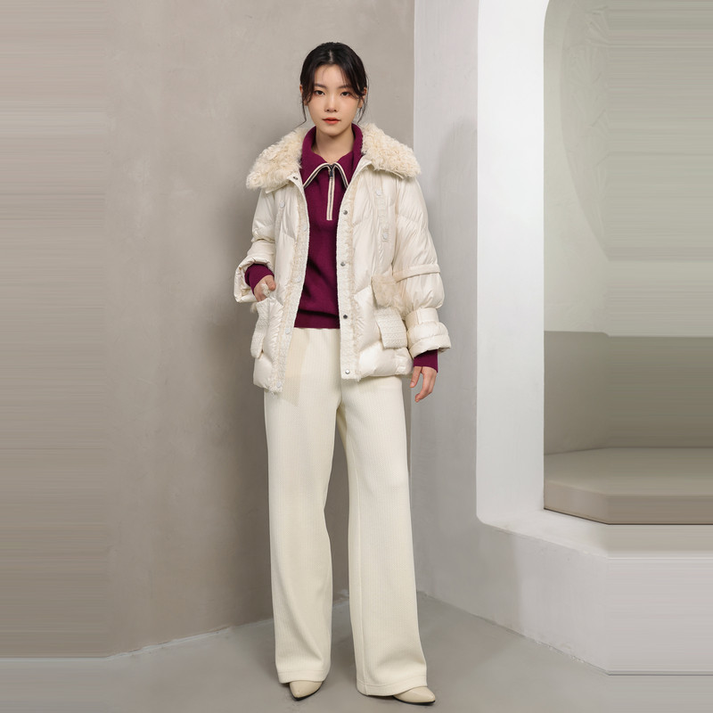 婉甸珠光白拼接羽绒服2024冬季新品O型中长款外套1234D41XJ6YX