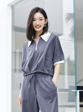 婉甸2025夏季新品岩石灰色短袖T恤POLO领拼接短袖1242T23RS4