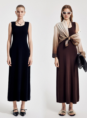 婉甸2026春季新品黑色/橡木棕无袖毛织连衣裙X型修身1251N02YJ1