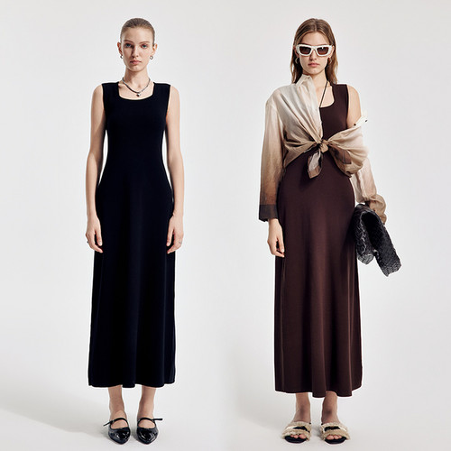 婉甸2026春季新品黑色/橡木棕无袖毛织连衣裙X型修身1251N02YJ1