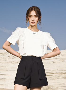 婉甸2025夏季新品经典白/黑色拼接短袖T恤圆领短袖1242T17RS3