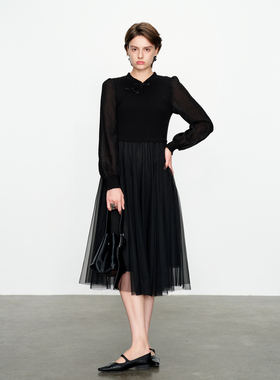 婉甸2025春季新品黑色毛织拼接连衣裙优雅风1241N03XJ1