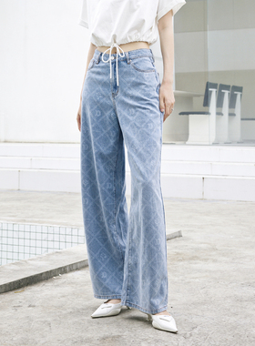 婉甸2025夏季新品幻蓝色镭射阔腿裤高腰牛仔裤1242X04SX4