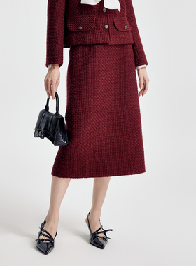 婉甸2026春季新品绛红色小香呢中长款铅笔裙1251K01YJ1