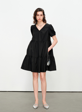 婉甸2025夏季新品黑色/克莱茵蓝短袖连衣裙1242N61SX2