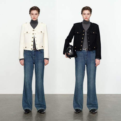 婉甸暖瓷白短款呢料外套冬季新品合体型开襟MBD1O02DZX