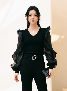 婉甸2025年秋季新品黑色拼接毛织套头衫1243W20DY4YX