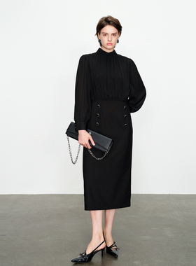 婉甸2025春季新品黑色长袖连衣裙通勤风1241N06DY1