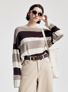 婉甸2026春季新品摩卡色条纹毛织套头衫H型长袖1251W10DJ3