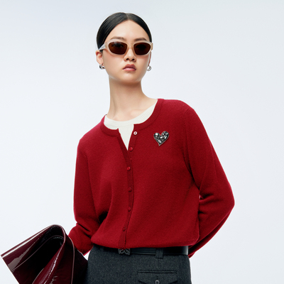 婉甸2025年冬季新品故宫红假两件套头毛织衫100%绵羊毛1244W08DM2