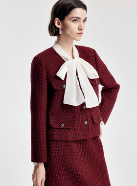 婉甸2026春季新品绛红色小香呢外套H型长袖1251O03YJ1
