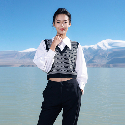 婉甸2025春季新品黑白字母毛织拼接套头衫百搭风针织衫1241W23SX3