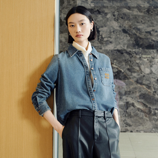 婉甸2025年冬季新品雾灰蓝丹宁长袖衬衫1244S08ZY2