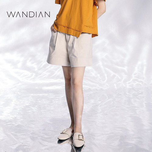 婉甸羊皮纸色短裤夏季新品A型休闲短裤脚口翻边1232P15RSB