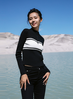婉甸2025春季新品黑色半拉链长袖毛织套头衫百搭针织衫1241W03XJ1