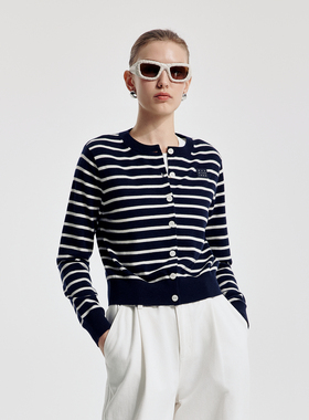 婉甸2026春季新品藏青条纹圆领毛织开衫H型长袖羊毛衫1251W08SX2