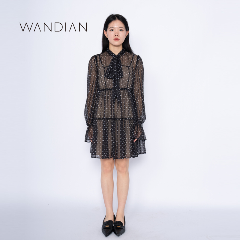 婉甸黑色波点法式宫廷风连衣裙1232N83QY7DS