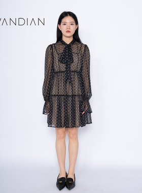 婉甸黑色波点法式宫廷风连衣裙1232N83QY7DS