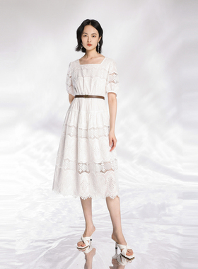婉甸2025夏季新品云白色棉布绣花连衣裙1242N61RS4YX