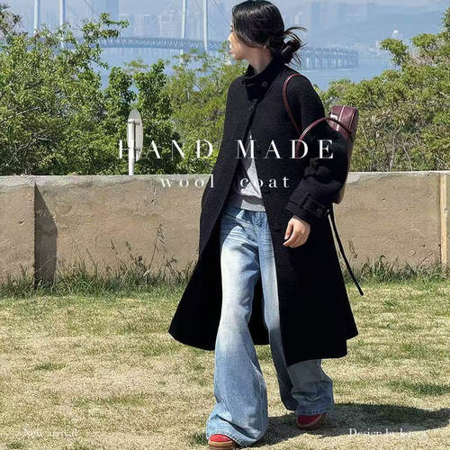 韩版 秋季新款羊毛长款大衣437 立领系腰绳时尚通勤女装羊毛大衣