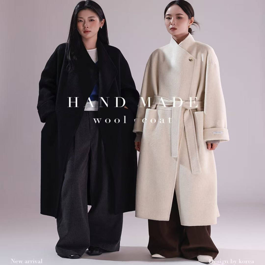 韩版新款绵羊毛长款大衣85279 立领系腰绳通勤休闲女装羊毛大衣