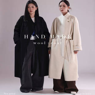 立领系腰绳通勤休闲女装 韩版 大衣85279 绵羊毛长款 羊毛大衣 新款