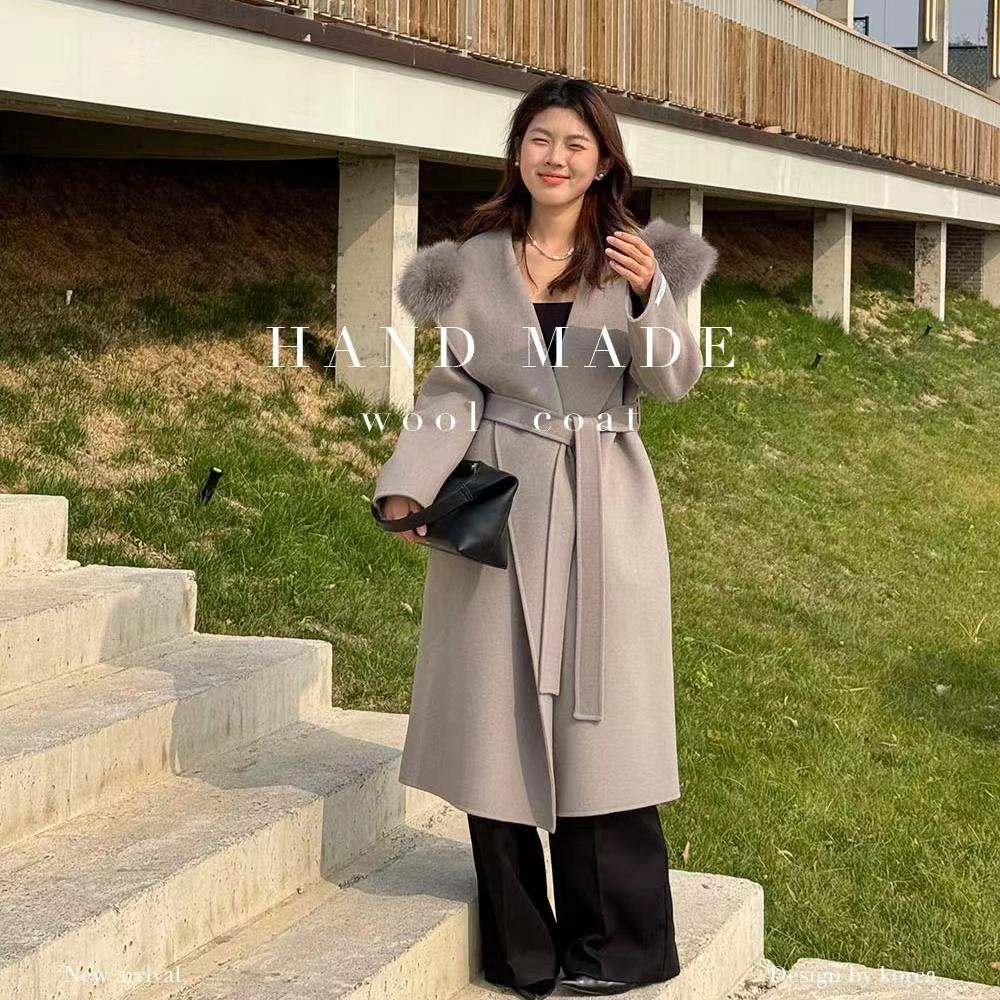 韩版新款 羊毛长款女装大衣600大毛领系腰绳时尚气质女装羊毛大衣