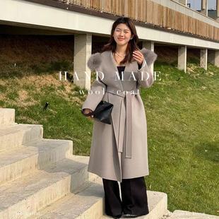 新款 气质女装 羊毛长款 大衣600大毛领系腰绳时尚 羊毛大衣 女装 韩版