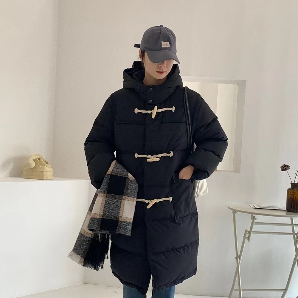 新款 韩版长款721 羽绒服牛角扣连帽休闲通勤 羽绒服 大衣L:305g