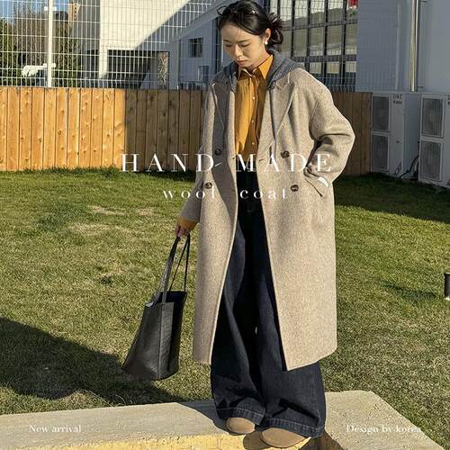 特价韩国新款羊毛长款大衣827针织帽连帽休闲通勤女装 羊毛大衣